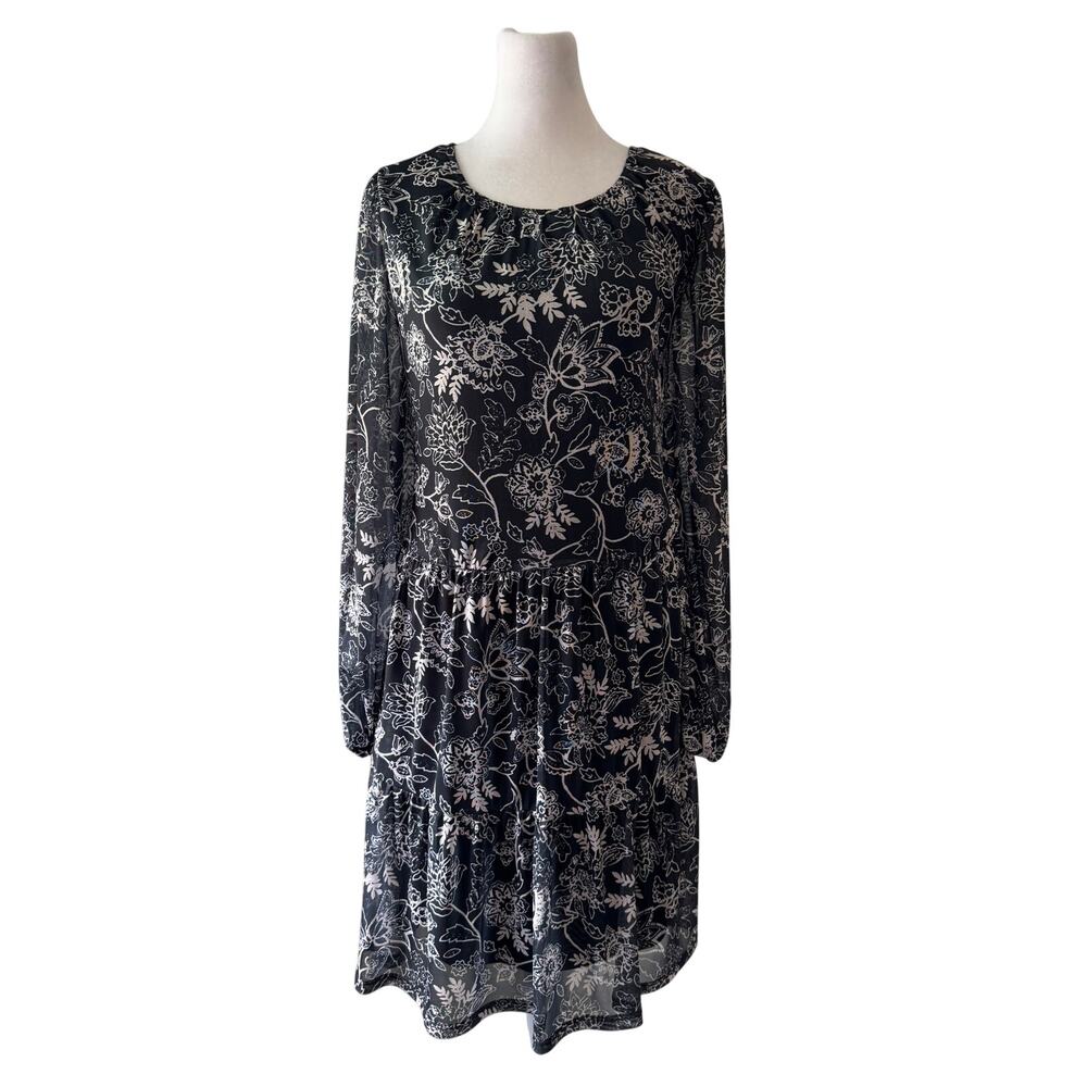 Morgan Taylor Black & Beige Floral Print Long Sleeve Knee Length Dress